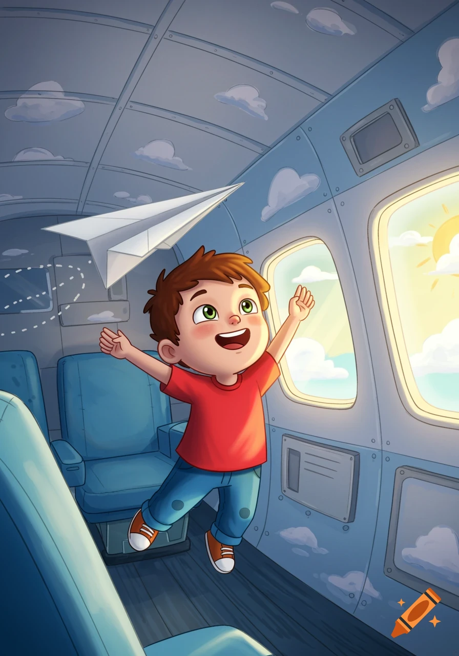 Cartoon illustration of a child flying a paper airplane in an airplane cabin.