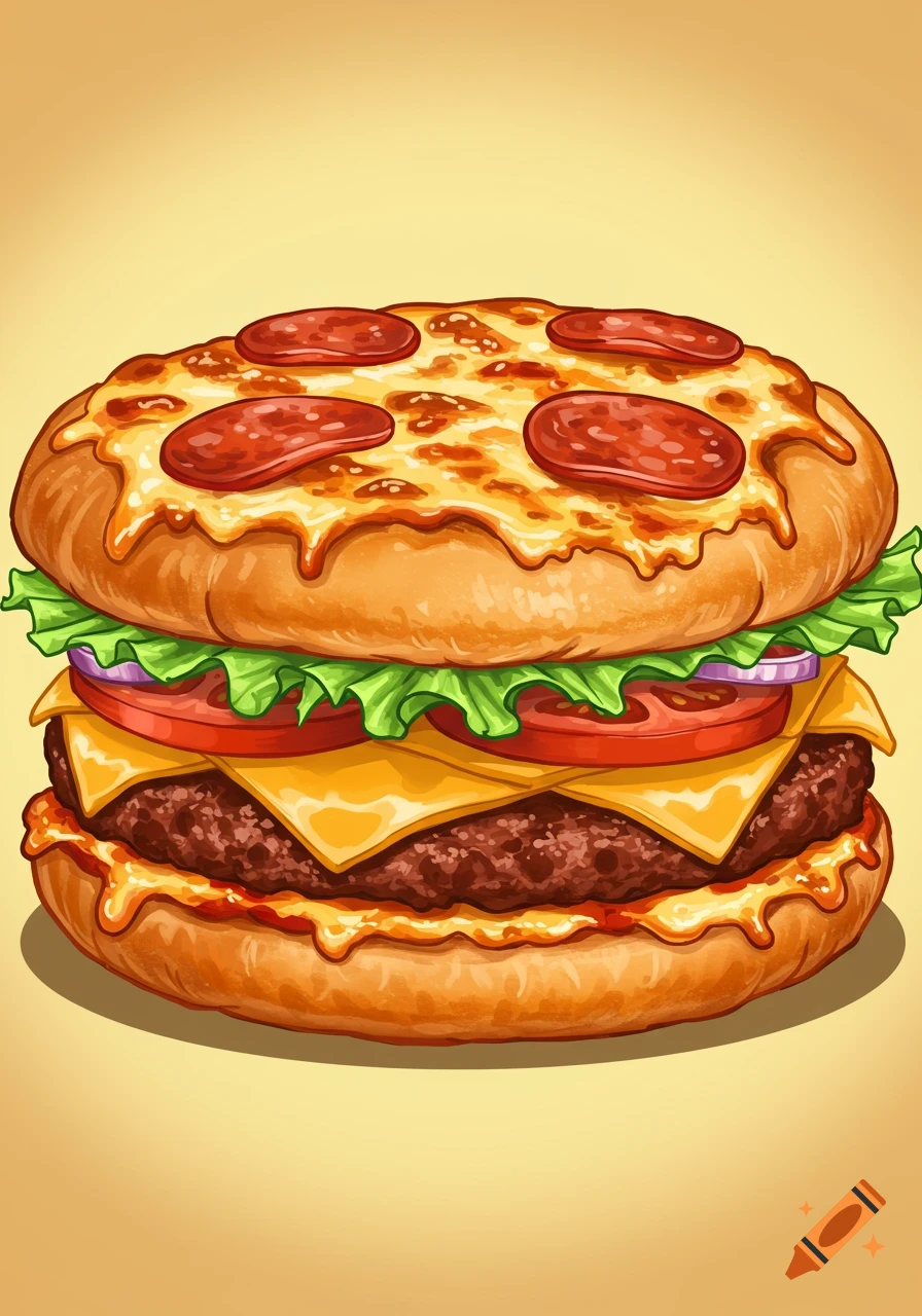 A digital illustration of a burger topped with a pizza bun and pepperoni.