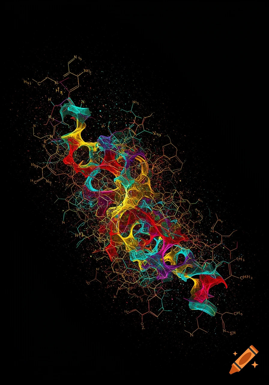 Abstract molecular structure with colorful helix and chemical formulas on black background.