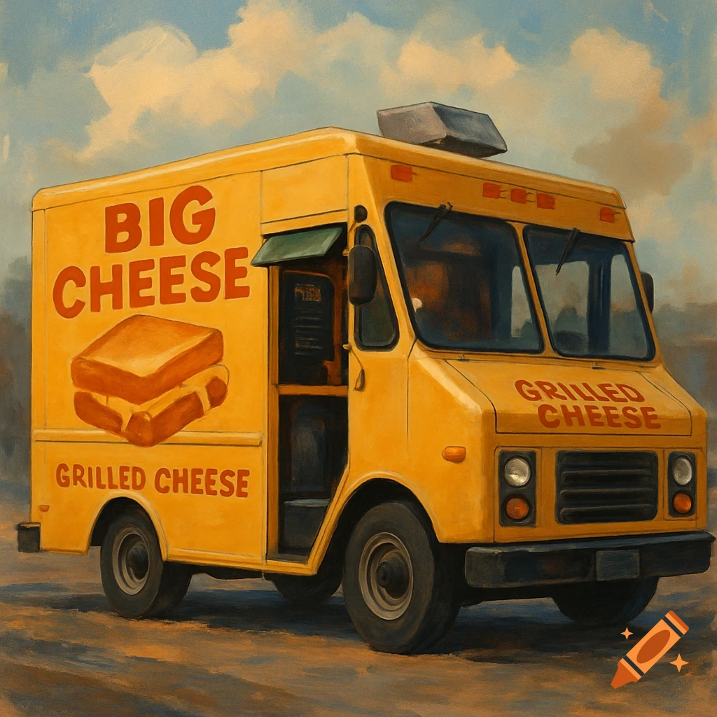 A yellow food truck with 'Big Cheese' and 'Grilled Cheese' text, rendered in a painterly style.