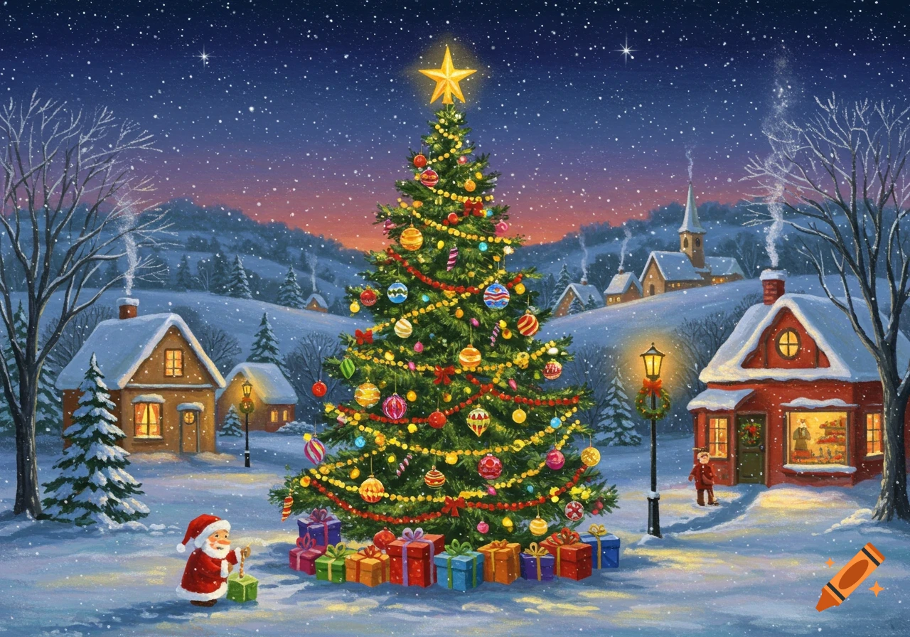 A snowy village scene with a large decorated Christmas tree, Santa Claus, and gifts under a starry night sky.