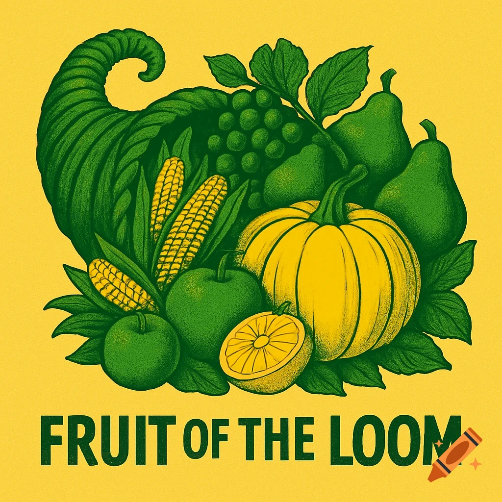 Illustration of a cornucopia filled with fruit and vegetables, with text 'FRUIT OF THE LOOM'