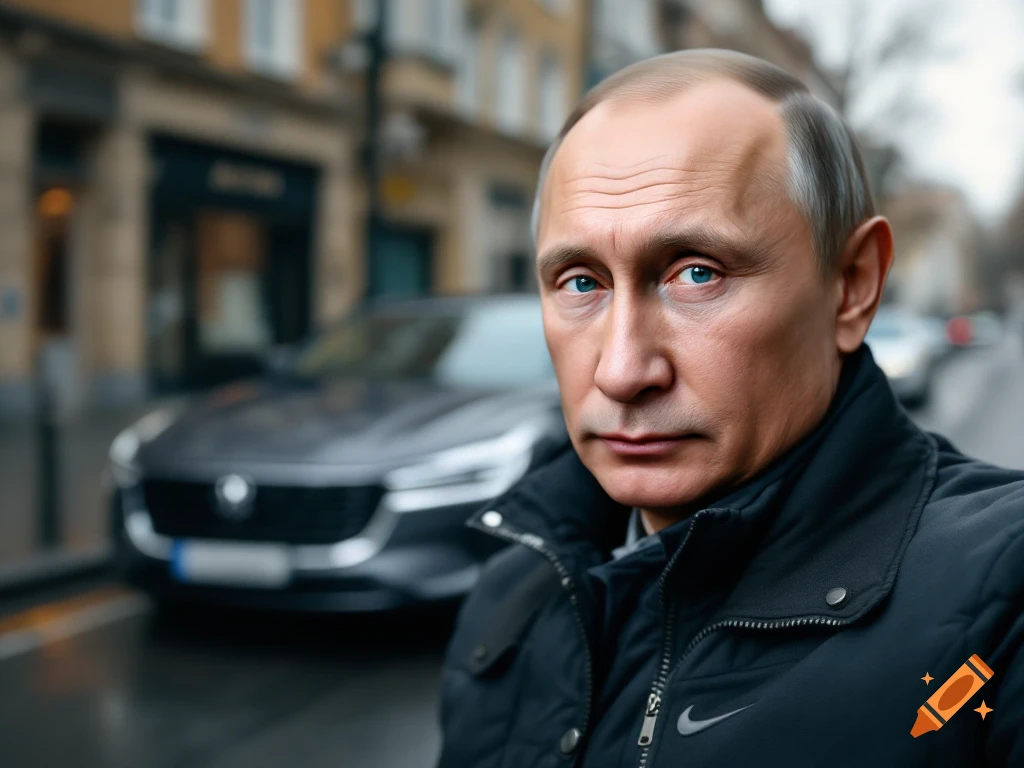 Close-up photorealistic selfie of a man wearing a black jacket, with a blurred street and car in the background.