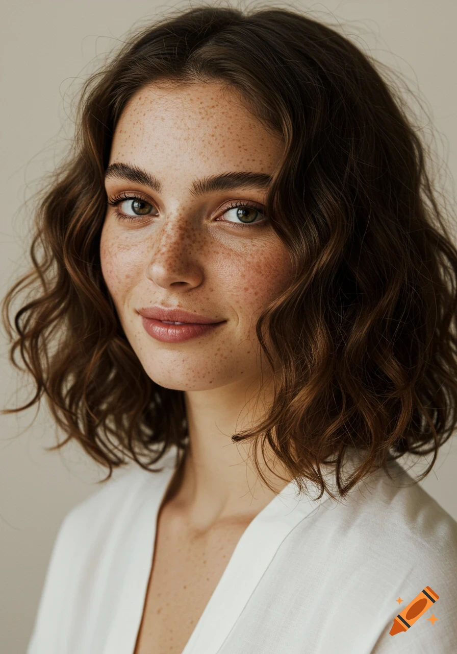 Close-up portrait of a woman with brown wavy hair and freckles