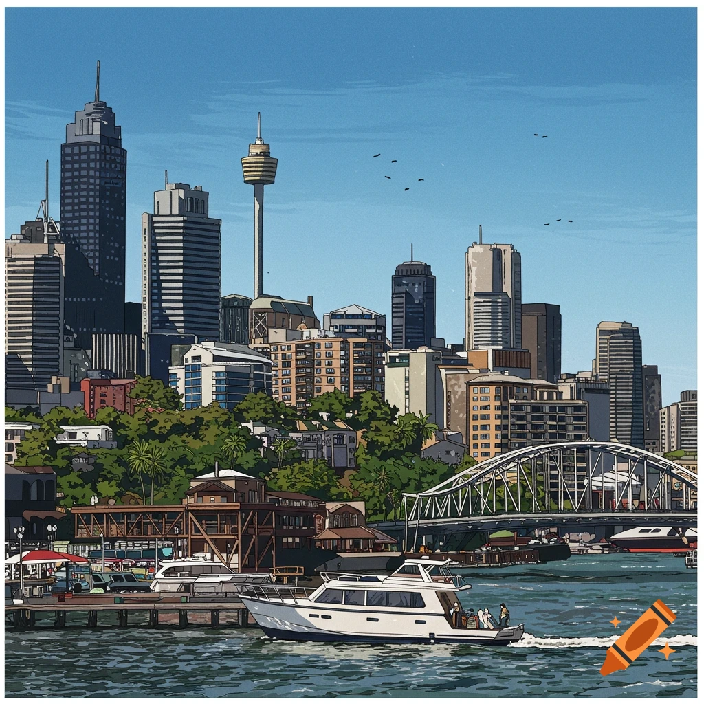 Illustrated cityscape of a harbor with boats and skyscrapers under a blue sky.