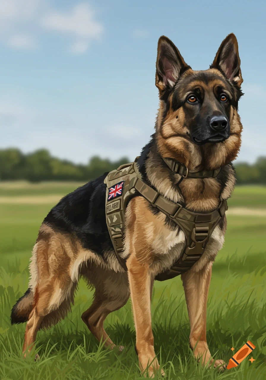 A German Shepherd dog wears a tactical harness with a Union Jack patch, standing in a grassy field. Digital art.