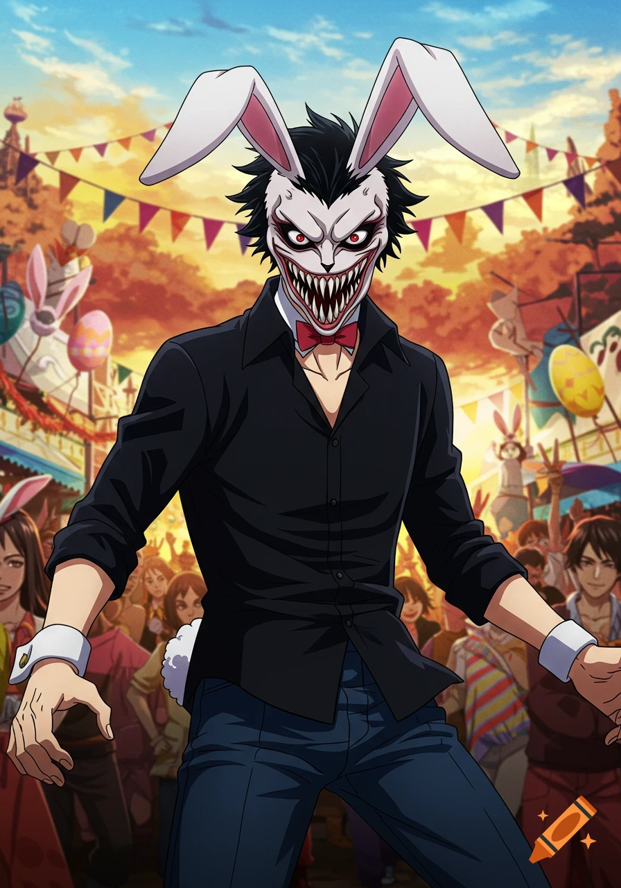 Anime drawing of a person in a scary Easter bunny mask and costume at a crowded festival.