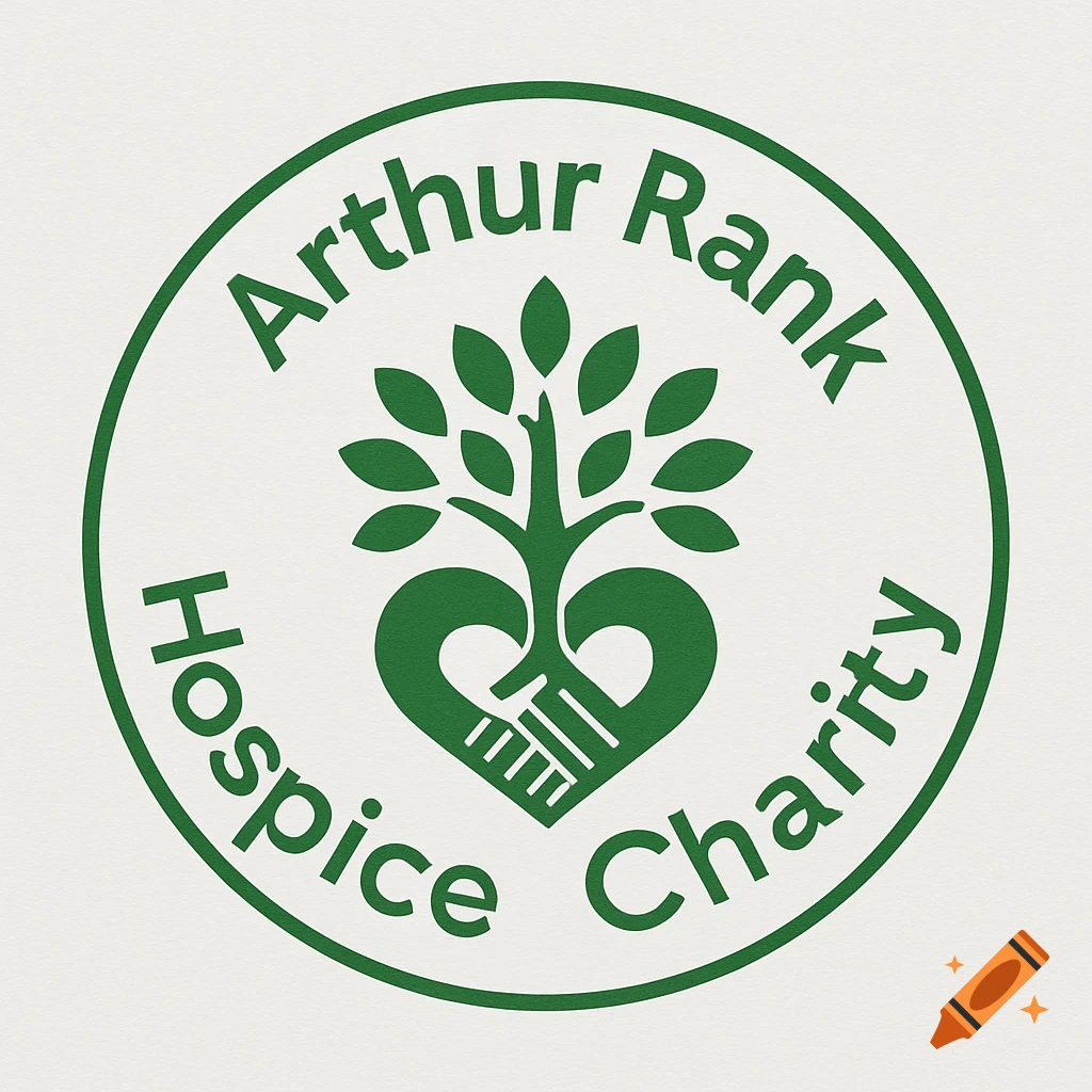 Green circular logo for Arthur Rank Hospice Charity featuring a tree inside a heart shape formed by hands.