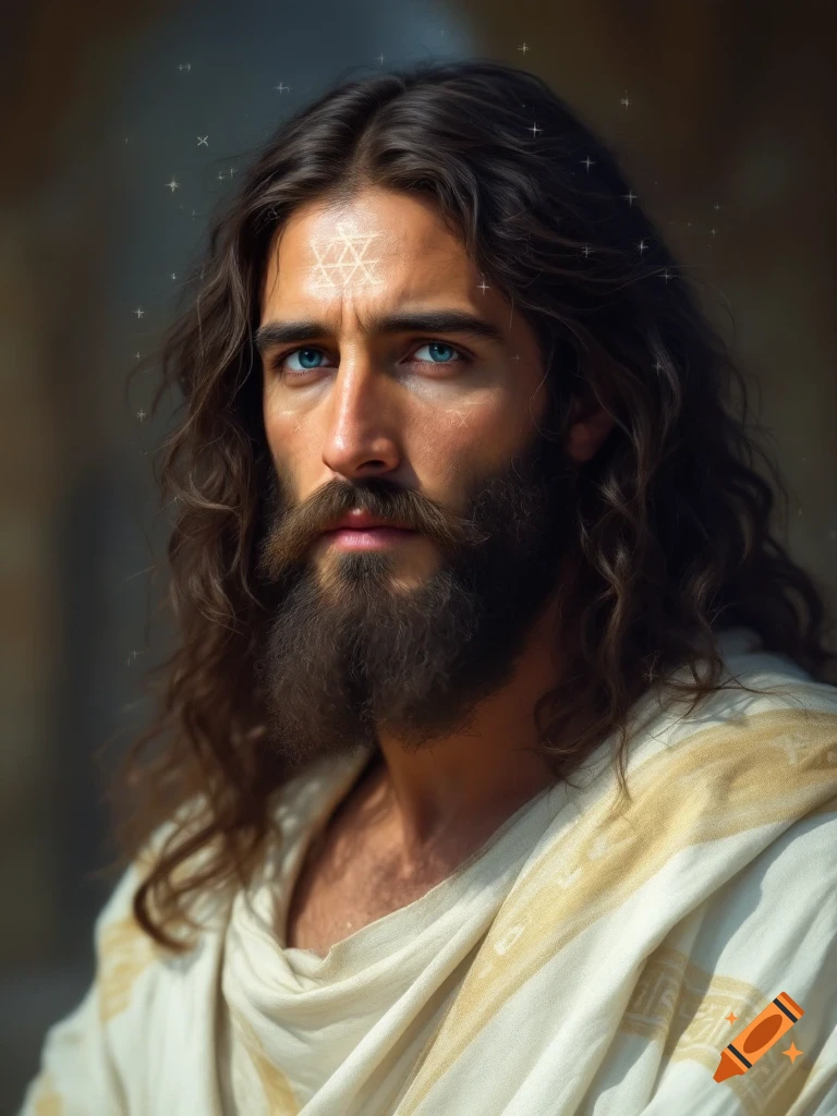 A portrait of a man resembling Jesus with a symbol on his forehead