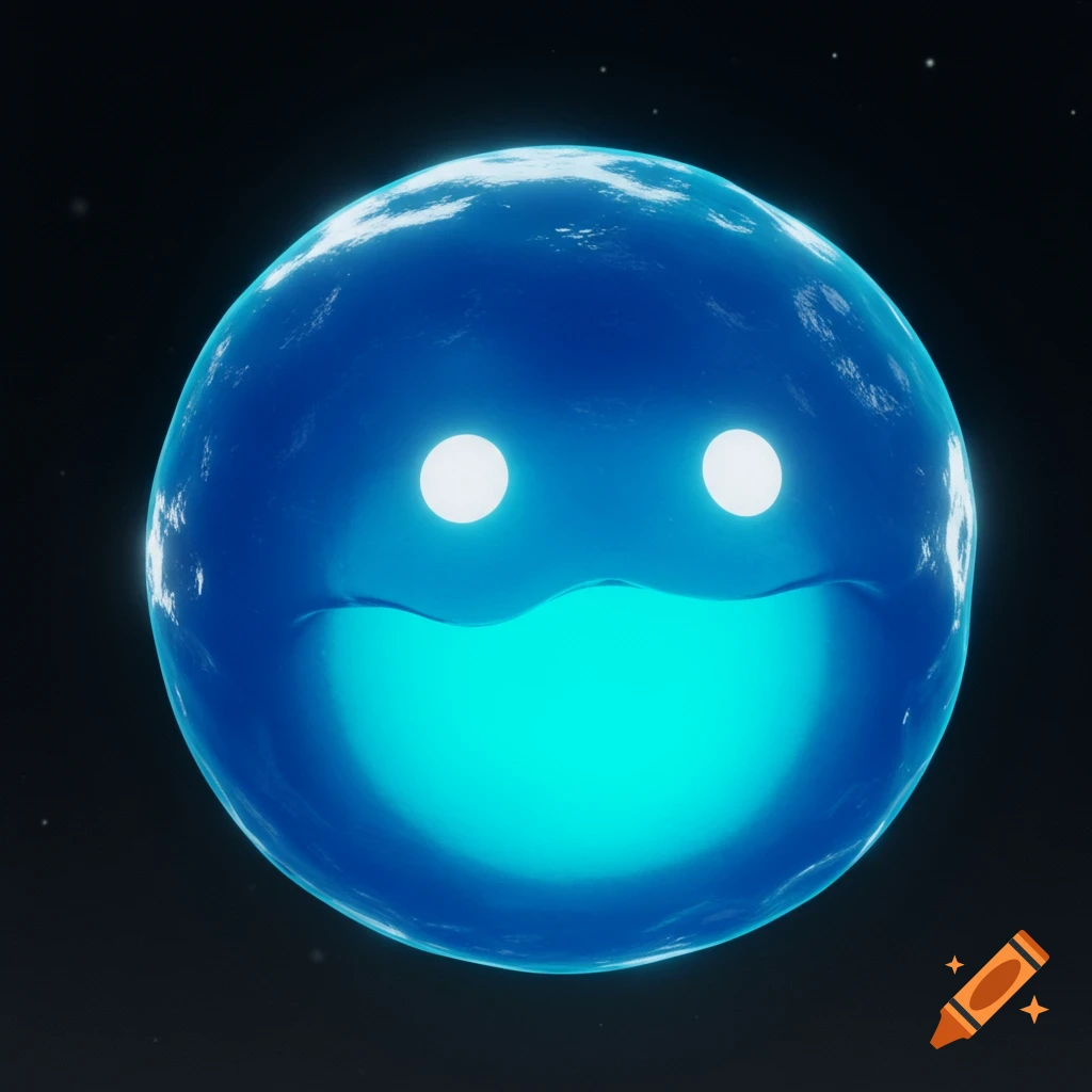 A blue slime ball creature with white eyes and a glowing cyan mouth floats in space.