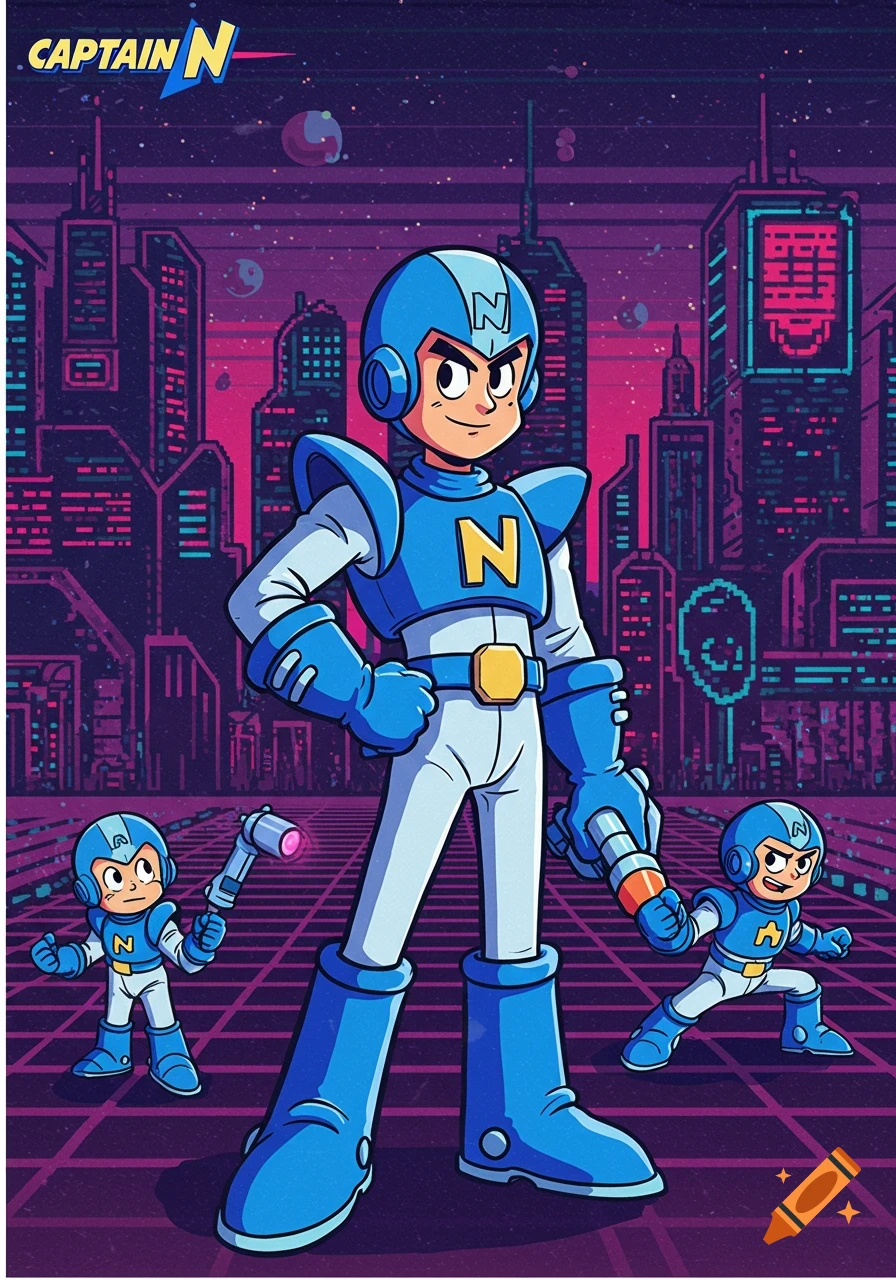 A cartoon character resembling Mega Man stands in a retro pixel art city with two smaller characters. The title "CAPTAIN N" is at the top.