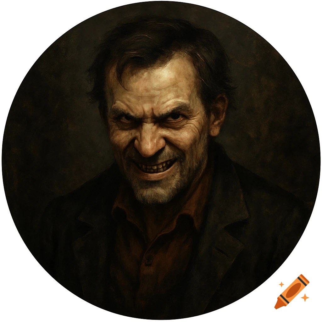 Painterly portrait of a man with a menacing grin in a circle