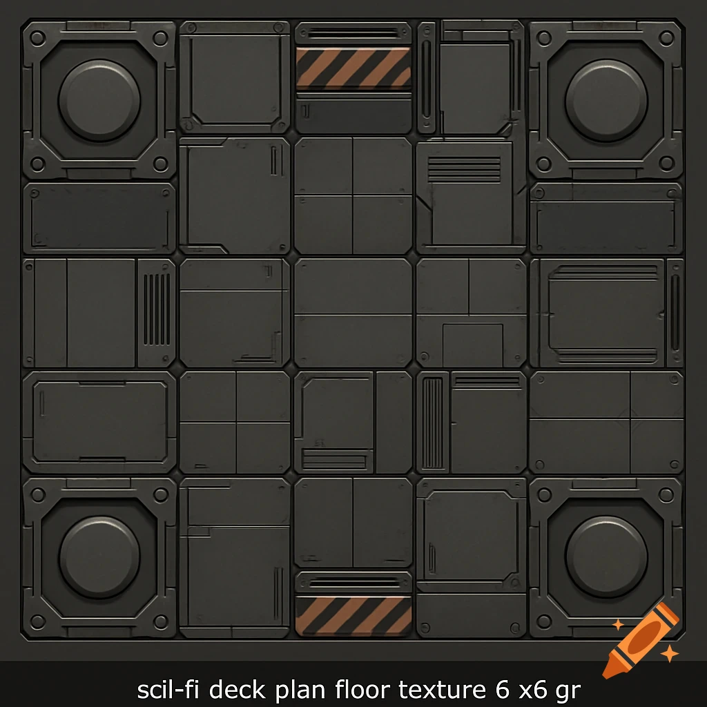 Dark grey sci-fi floor texture pattern with metallic panels, vents, and orange/black warning stripes.