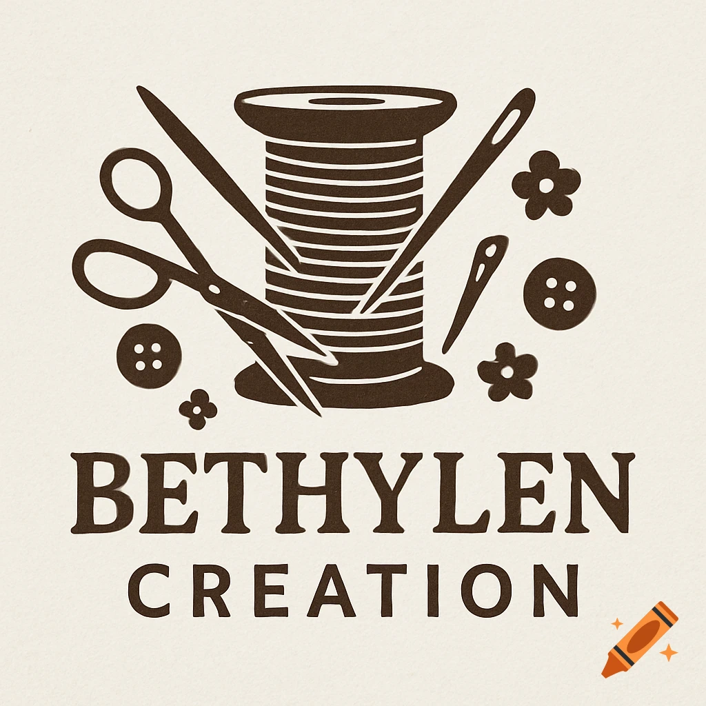 Sewing logo with thread spool, scissors, needles, buttons, flowers, and 'BETHYLEN CREATION' text