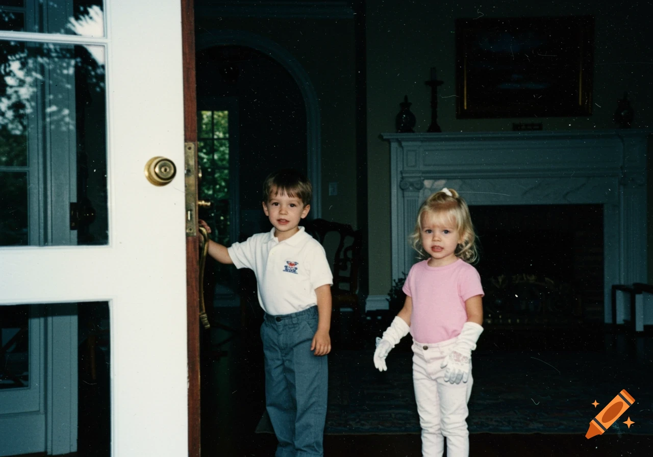 Two children stand near a door inside a house in a vintage style photo.