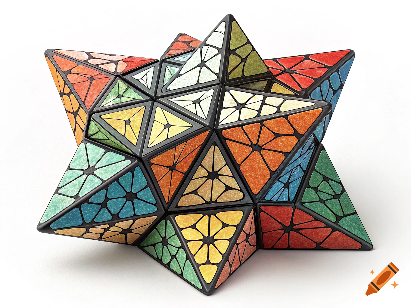 A colorful, star-shaped geometric puzzle object with intricate patterns on each triangular piece.
