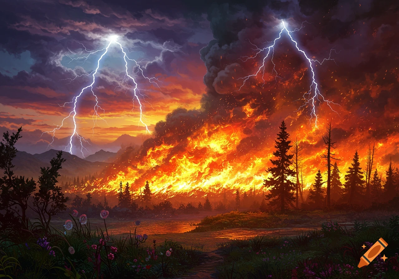 Forest fire with lightning striking mountains under a dramatic sky