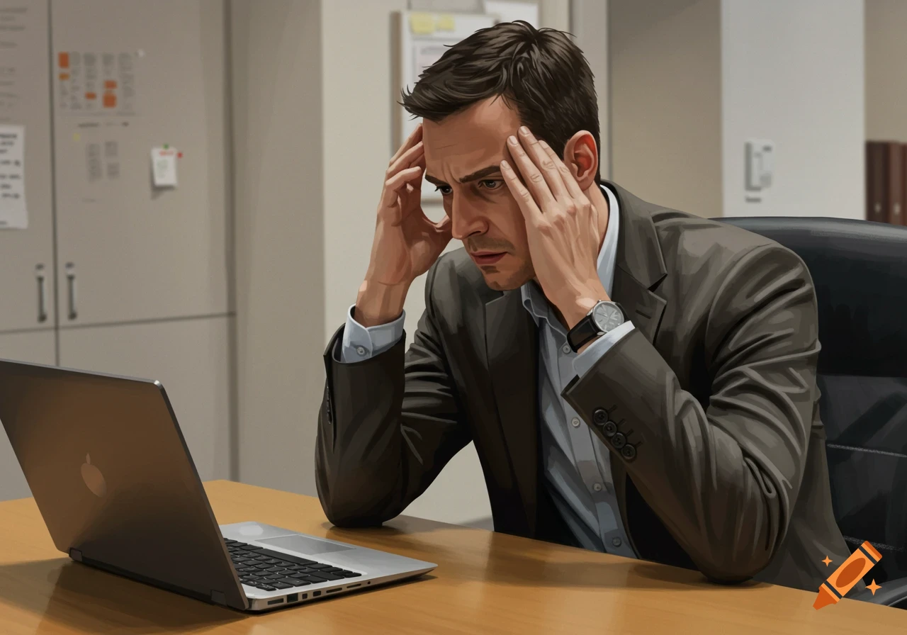 A stressed man looking at a laptop in an office.