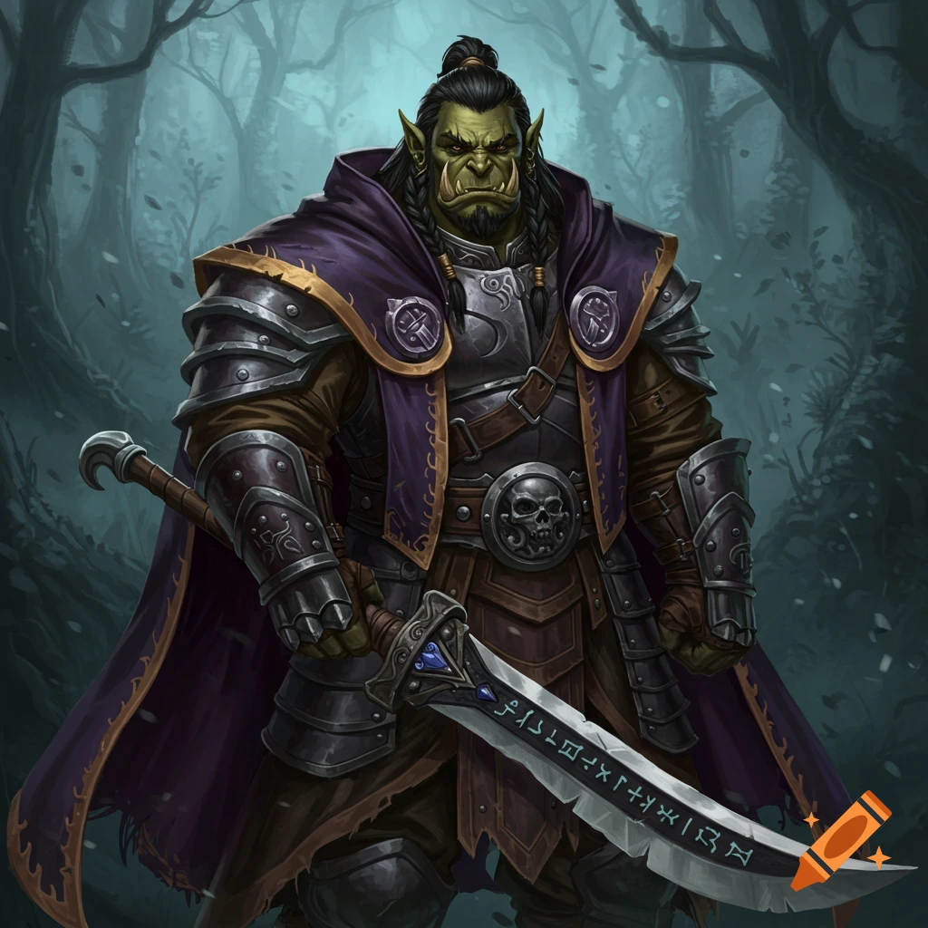 A strong orc warrior in armor and a purple cloak, holding a runic sword, standing in a forest.