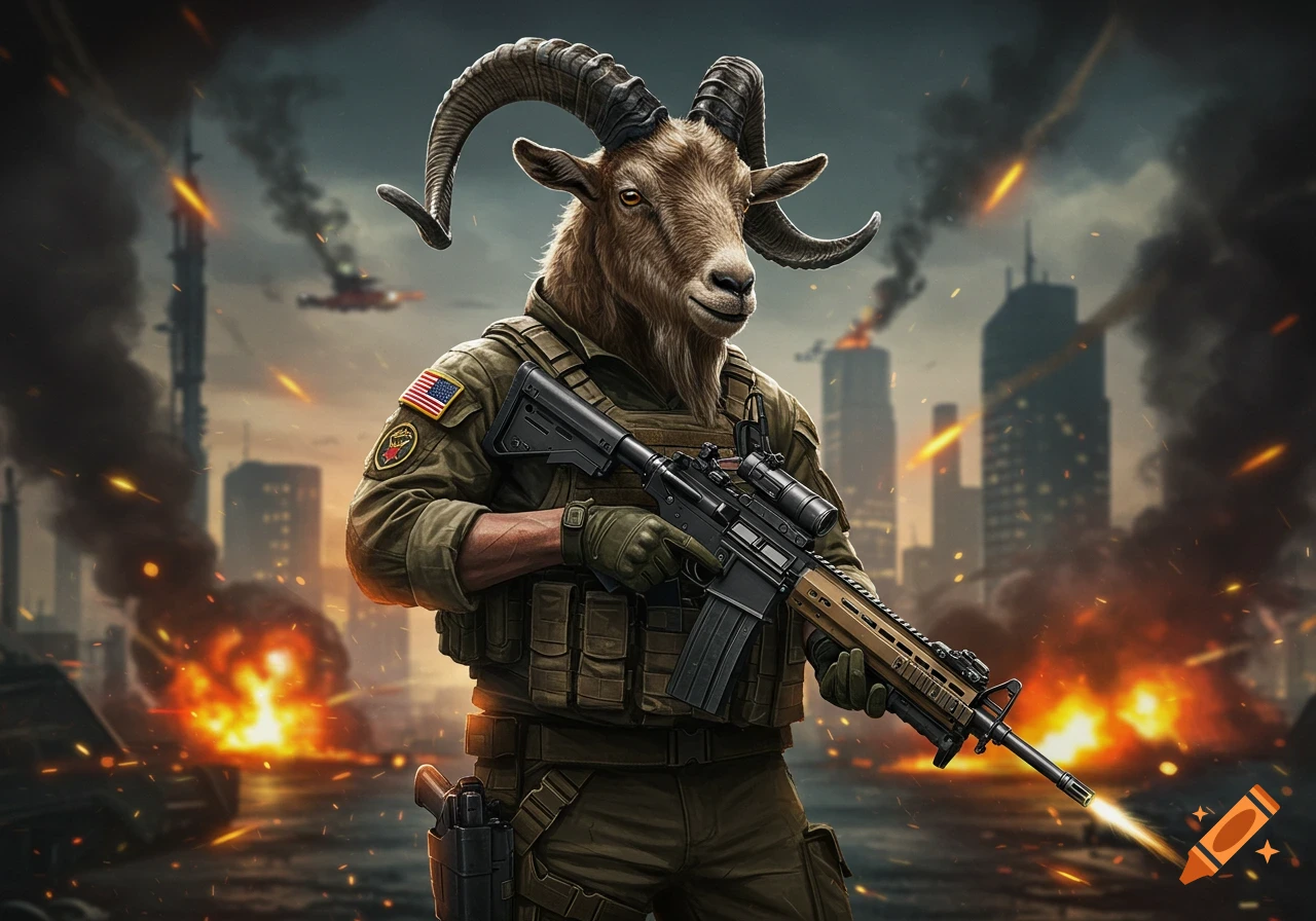 A goat-headed soldier in military gear holds a rifle in a burning city.
