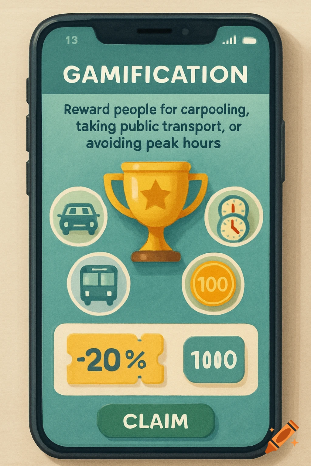 Mobile app screen for gamification rewards for transport, showing a trophy, car and bus icons, and text.