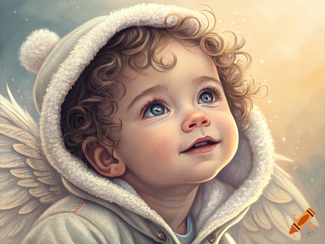 Close-up of a baby with curly hair and blue eyes, wearing a white hooded angel costume with wings, looking up.
