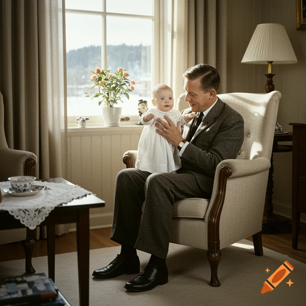 Man holding a baby in a living room by a window, vintage photo