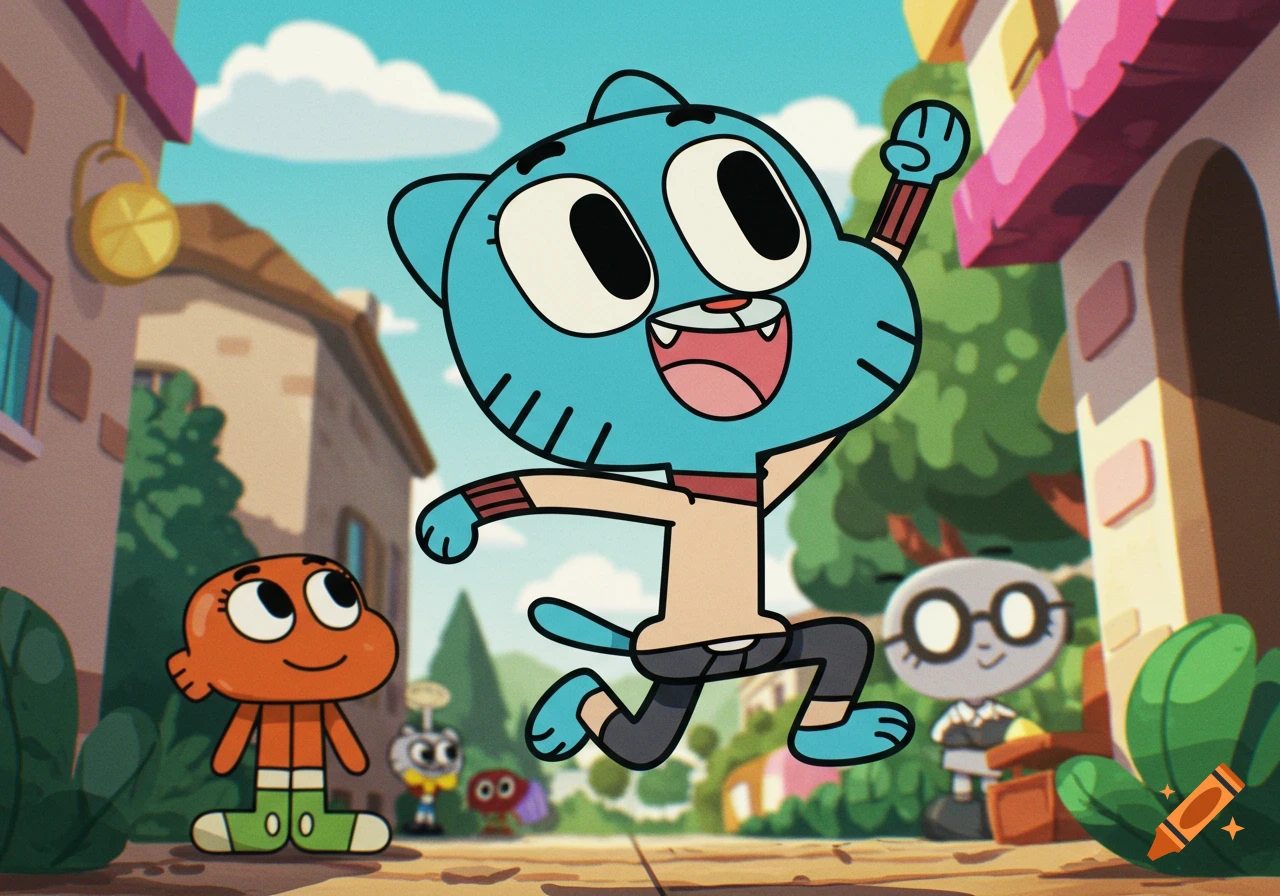 Cartoon characters Gumball and Darwin with others on a town street
