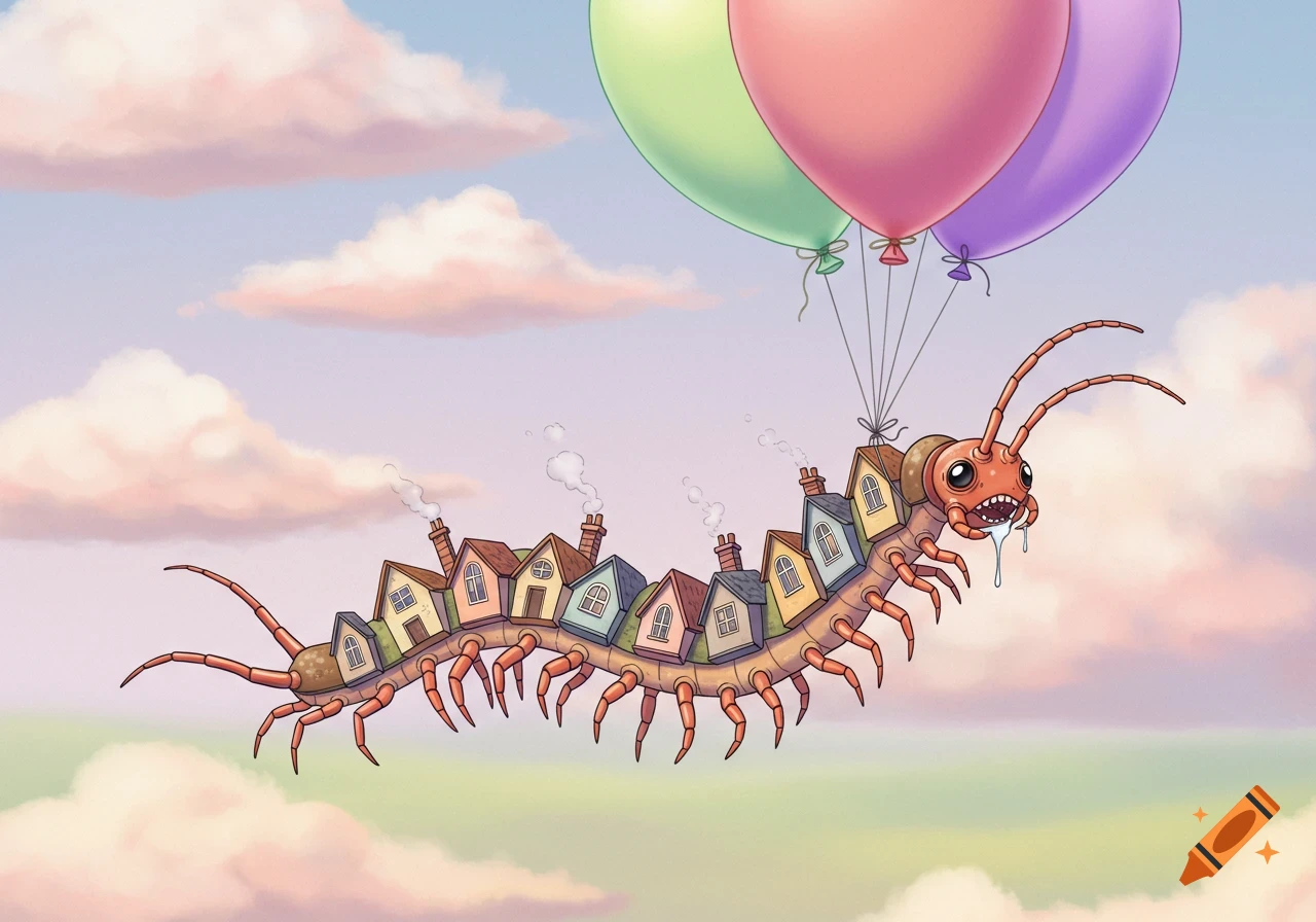 Illustration of a centipede with houses on its back floating by balloons in a cloudy sky.