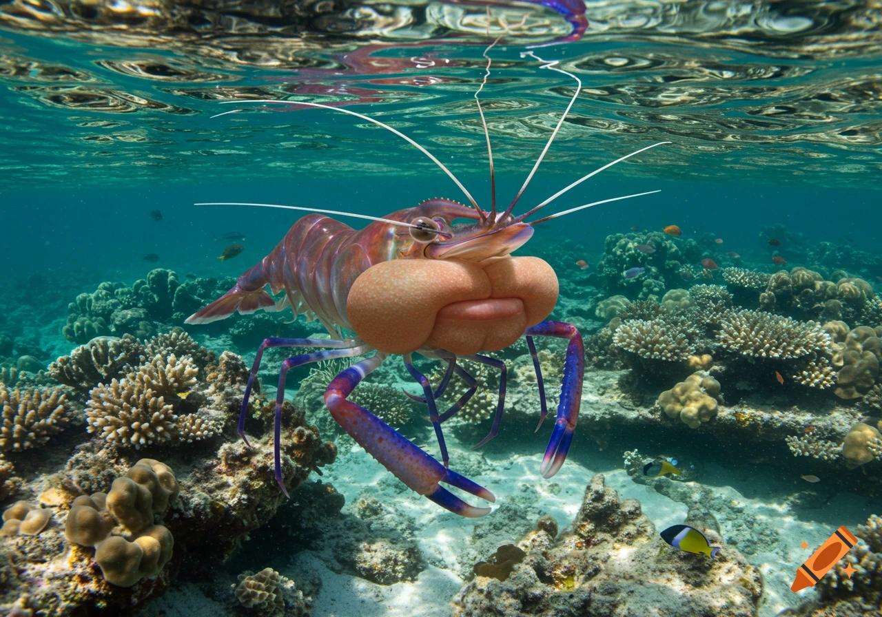 A big shrimp with a large, puffy face swims underwater near a coral reef.