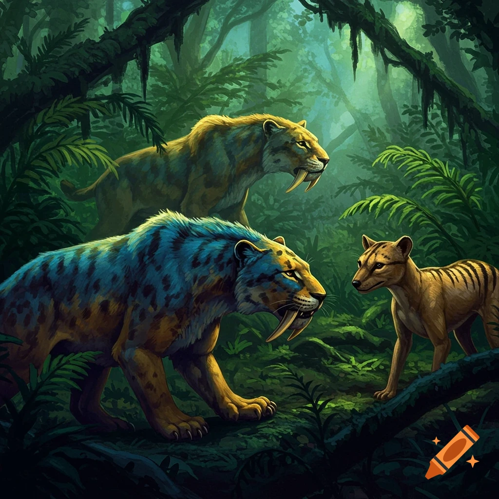 Two saber-toothed cats and a thylacine are in a lush green jungle.