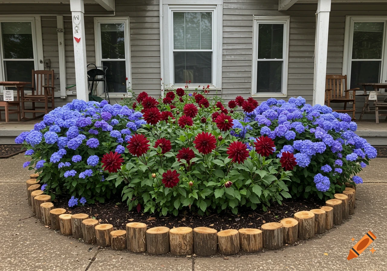 A flower bed with blue hydrangeas and red dahlias, edged with logs, in front of a house porch. Photographic style.