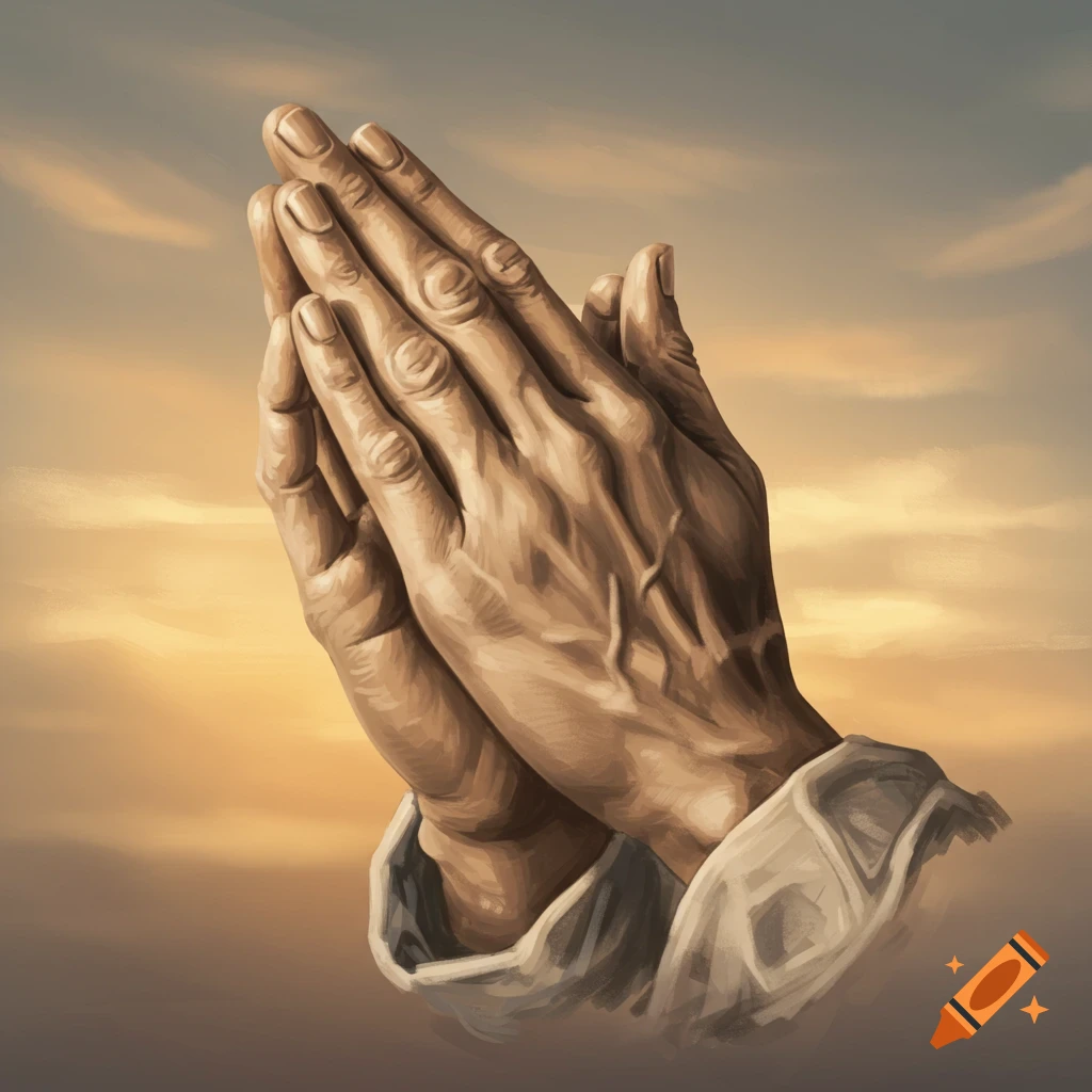 Two hands clasped in prayer against a sky background.