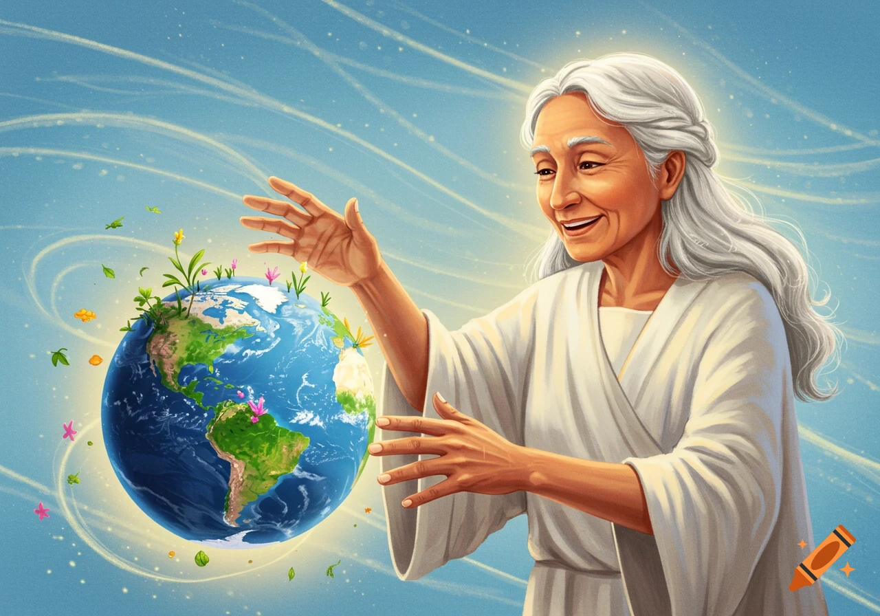 An elderly woman holding a vibrant Earth covered in flowers and greenery, against a starry sky.