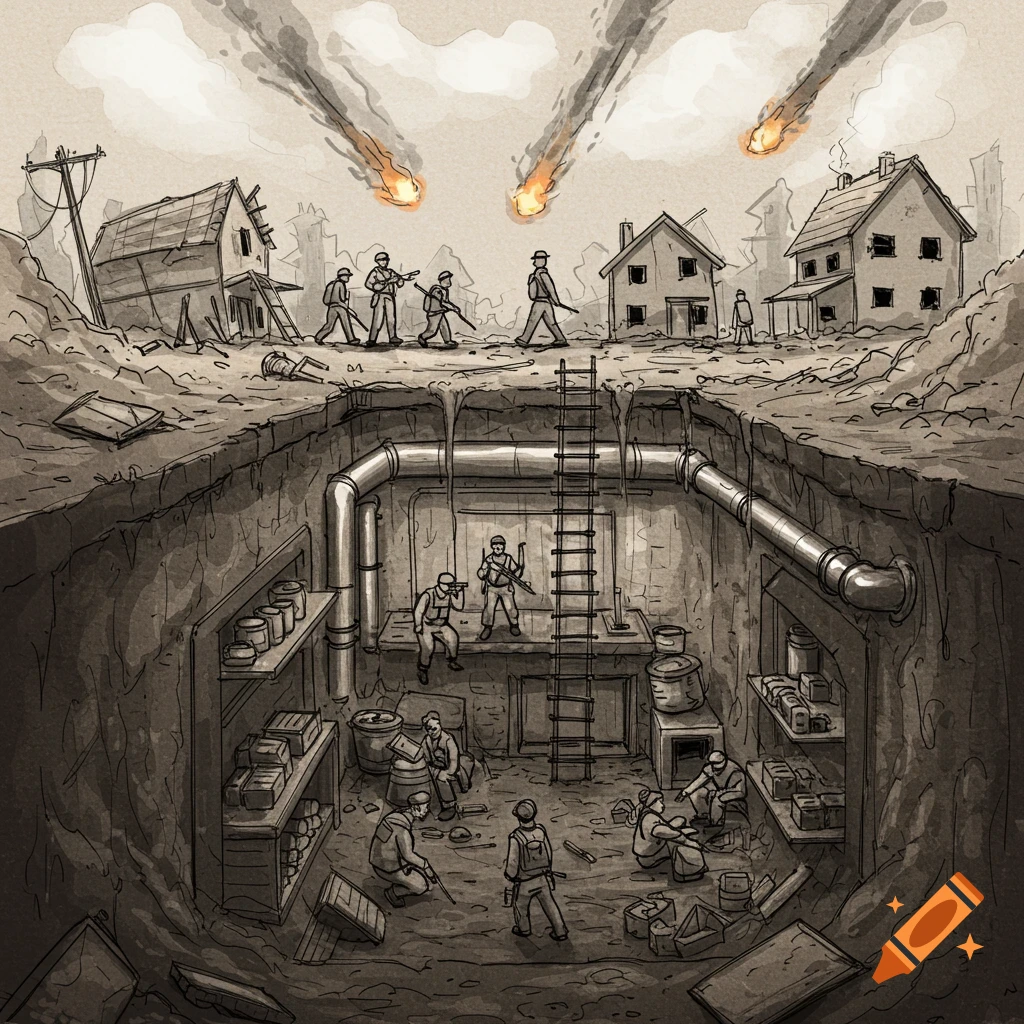 Sketch of underground bunker with people & supplies, above ground destroyed houses, soldiers, falling bombs.