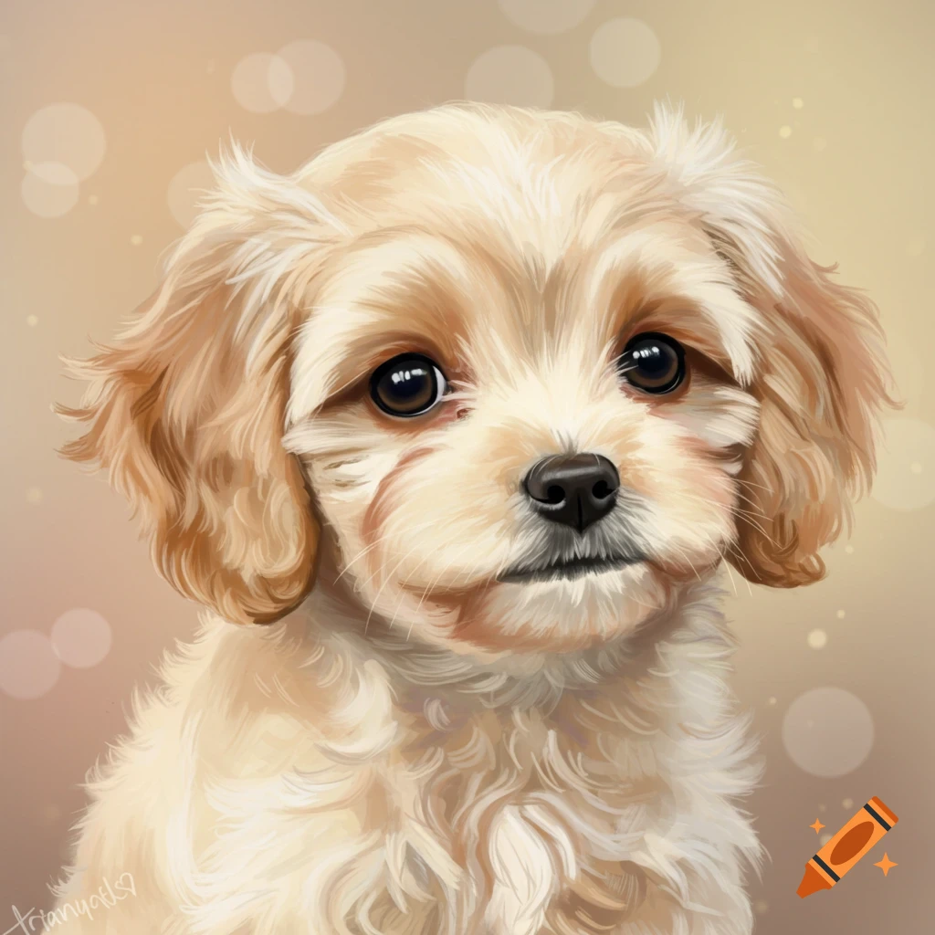 A cute Cavapoo puppy portrait in a digital painting style with a soft, light background.