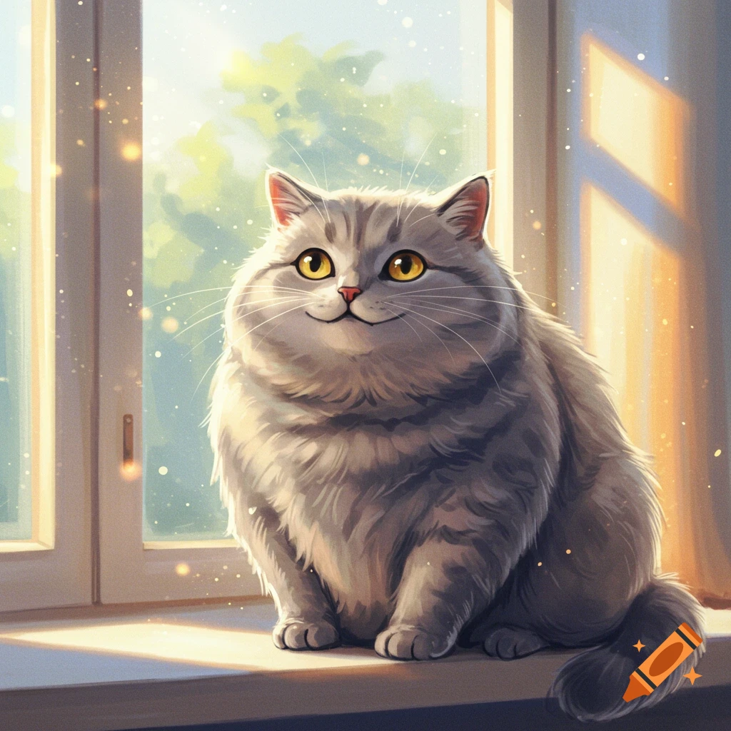 A fluffy grey cat sits on a window sill in bright sunlight.