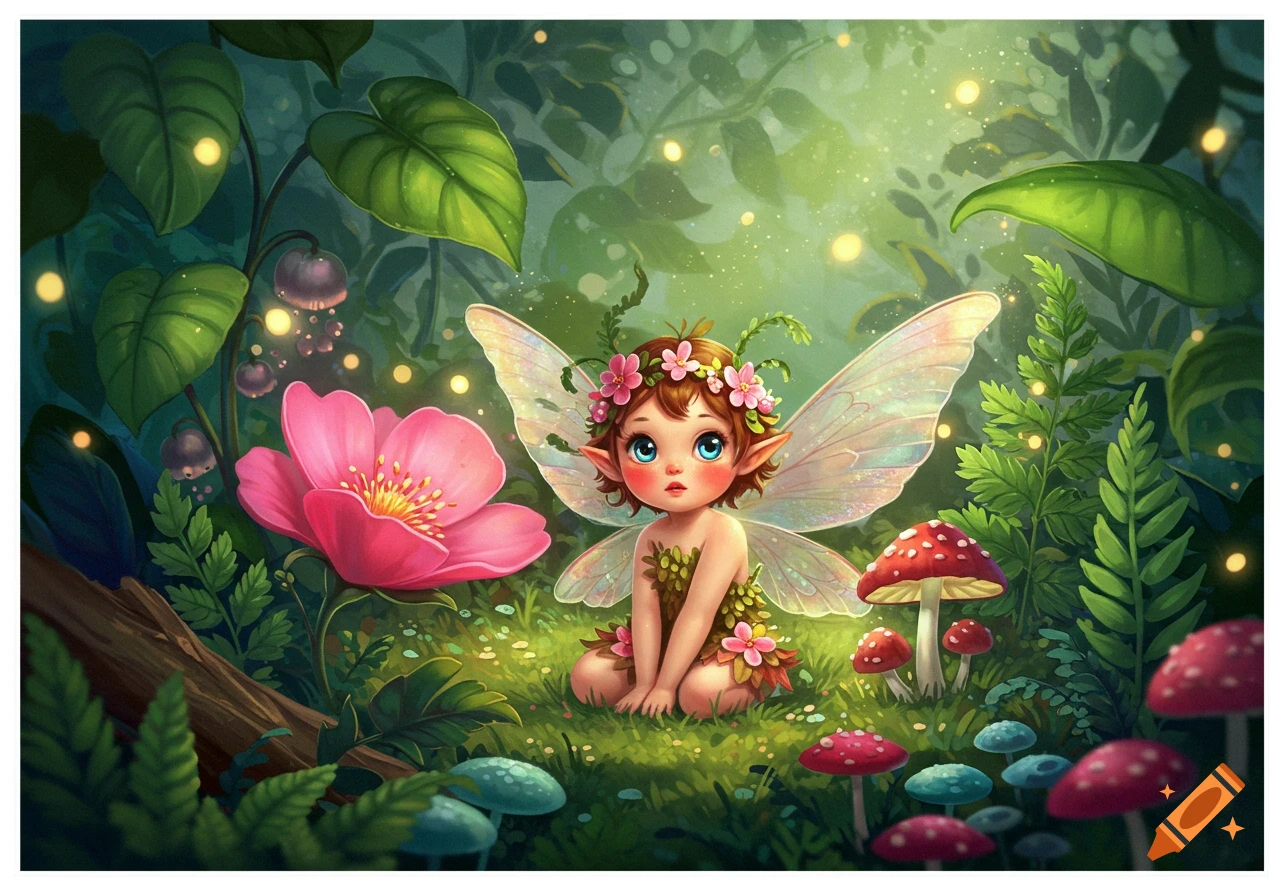 A cute cartoon fairy with butterfly wings sits among glowing lights, flowers, and mushrooms in a whimsical forest.