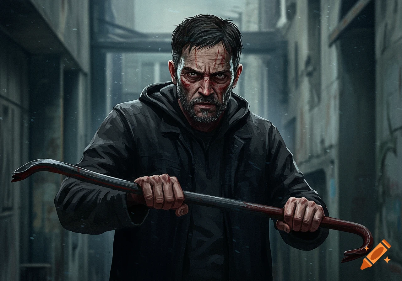 Gritty portrait of a man with scars holding a crowbar in an urban alleyway.