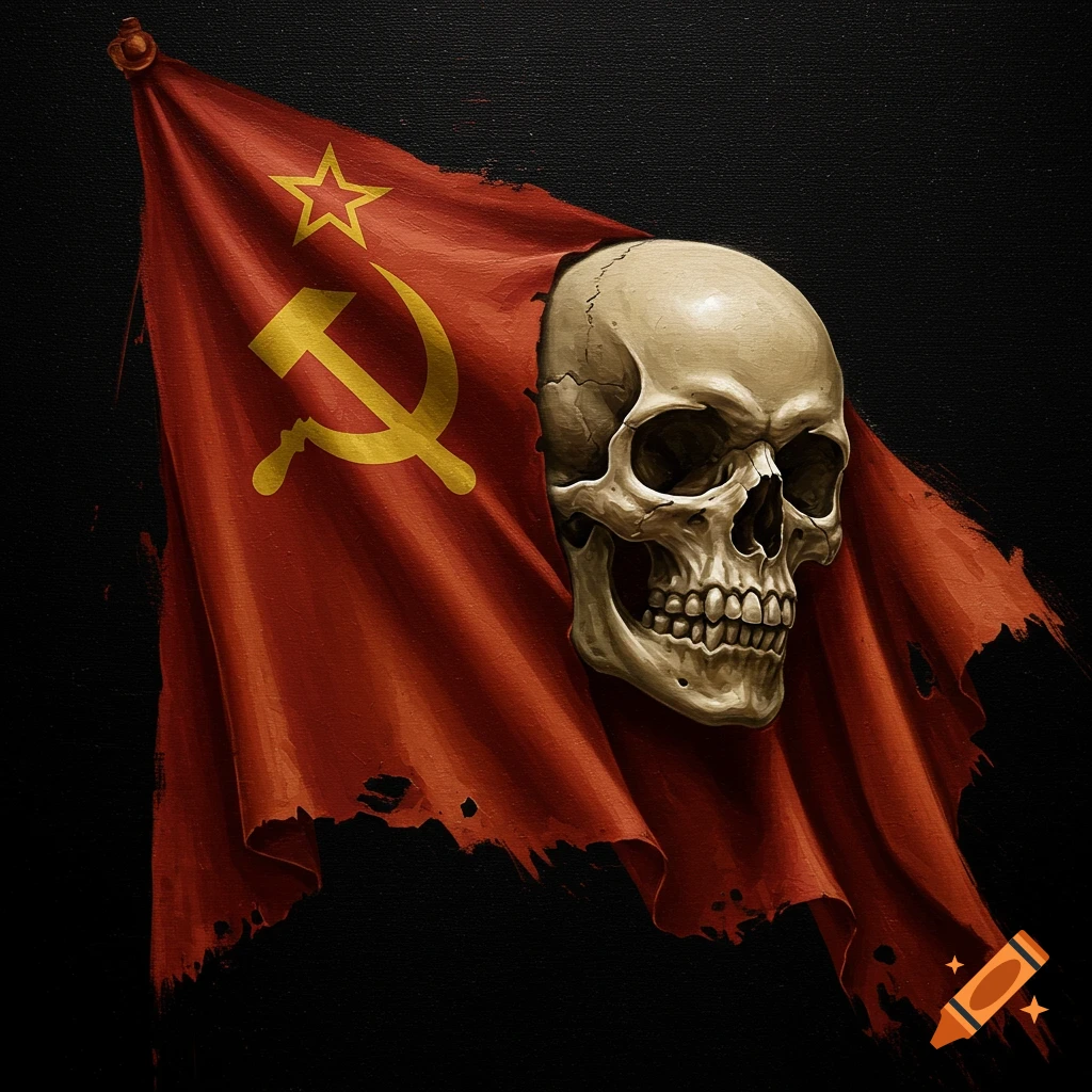 A skull on a tattered Soviet flag.