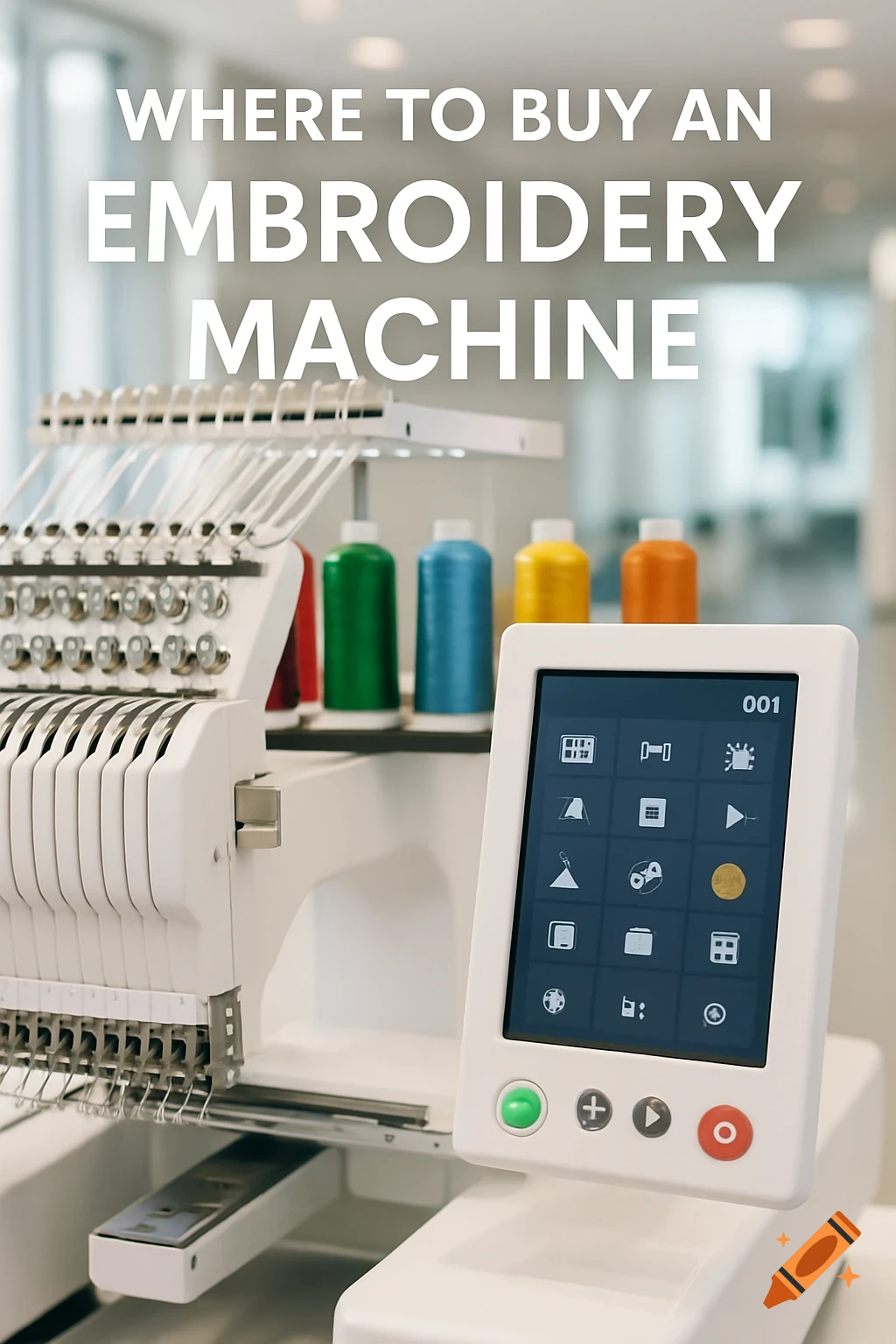 A modern embroidery machine with colorful threads and screen, text says 'WHERE TO BUY AN EMBROIDERY MACHINE'