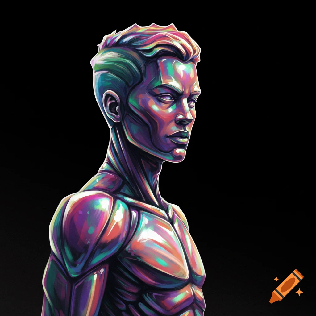 Stylized iridescent portrait of a figure with muscular build against a black background.