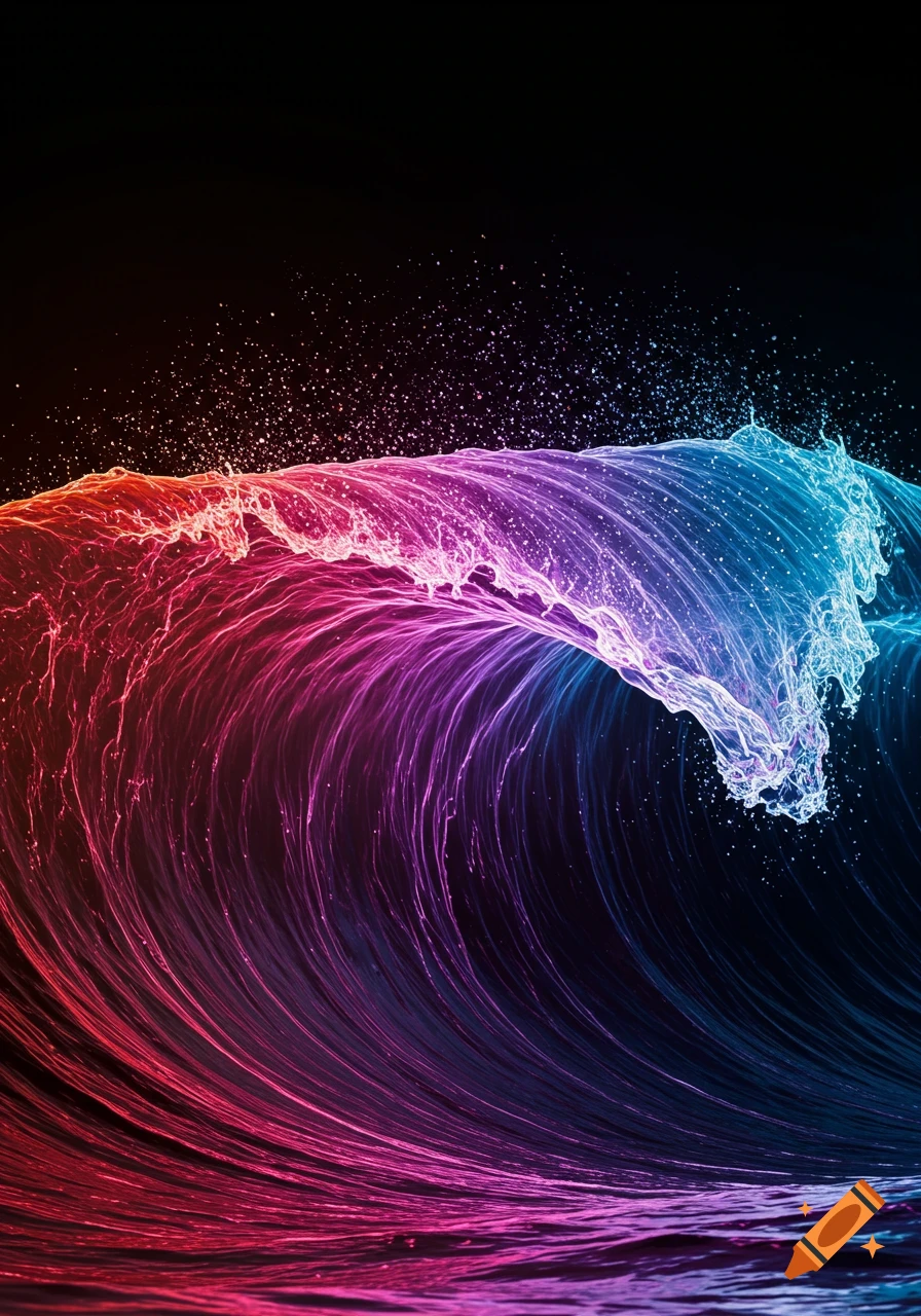 A colorful wave with splashes against a dark background.