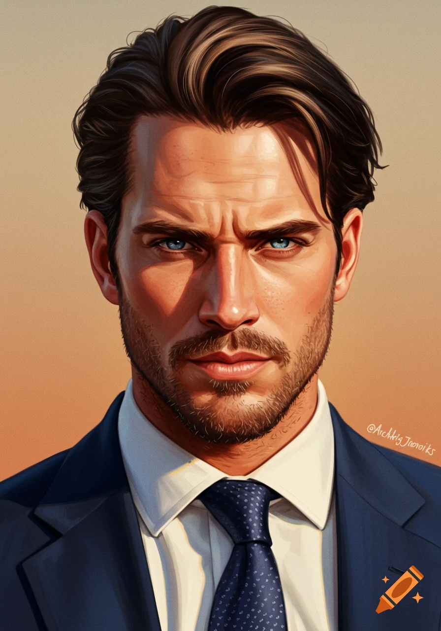 Digital illustration of a man in a suit with intense blue eyes