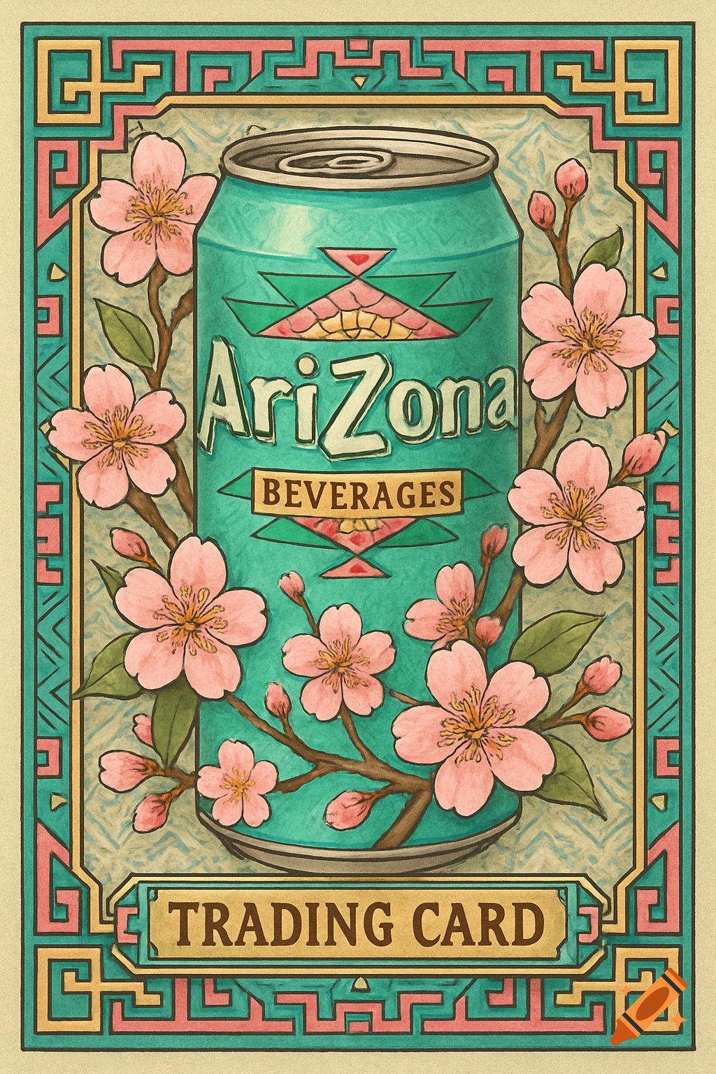 Stylized drawing of Arizona tea can with cherry blossoms and decorative border, labeled TRADING CARD.