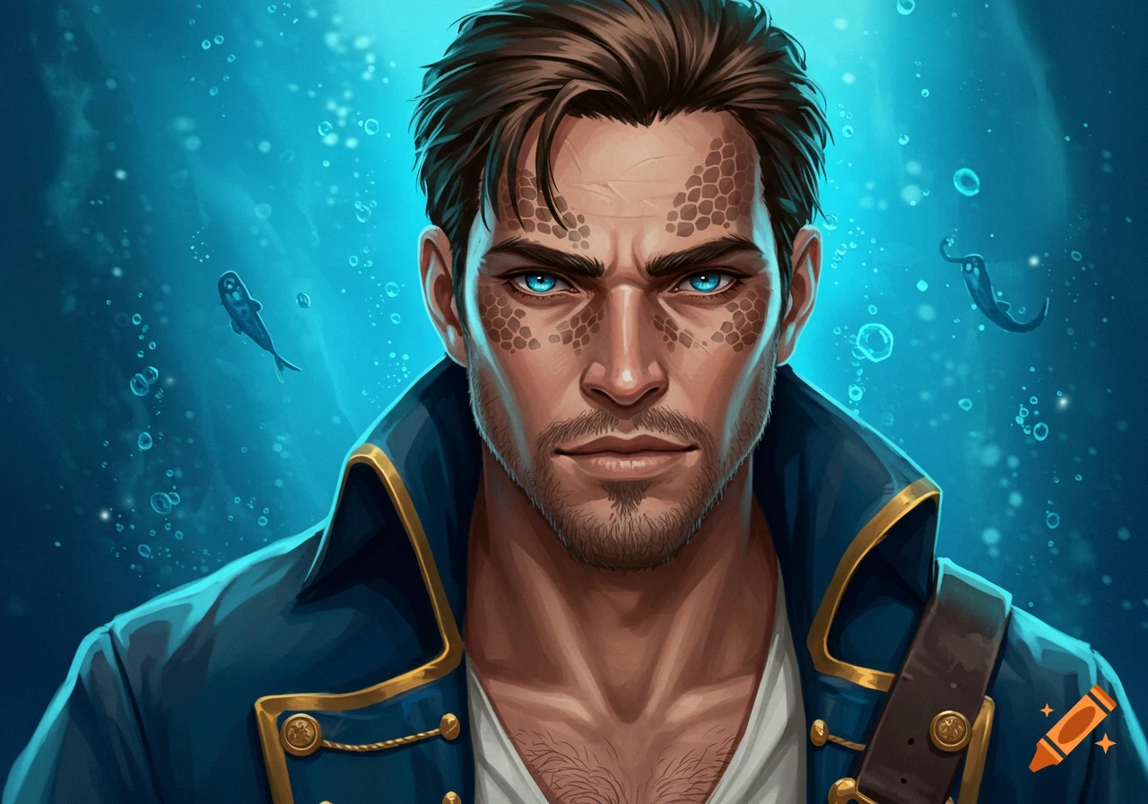Fantasy portrait of a pirate man with blue snake eyes underwater.