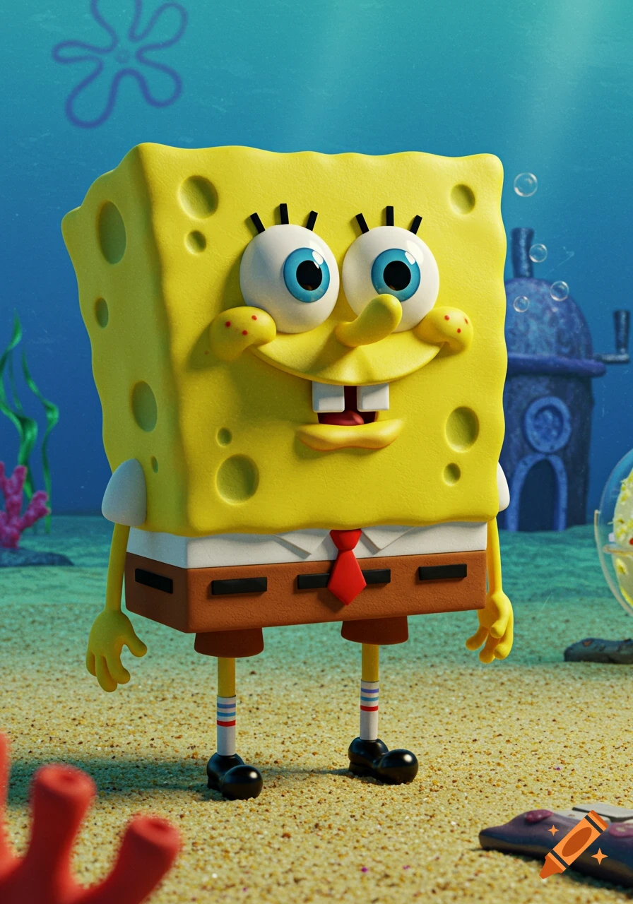 3D render of Spongebob Squarepants standing on the seafloor