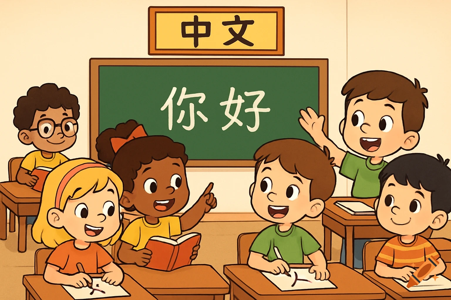 Cartoon image of children in a classroom learning Chinese. Characters '中文 你好' are on the board.