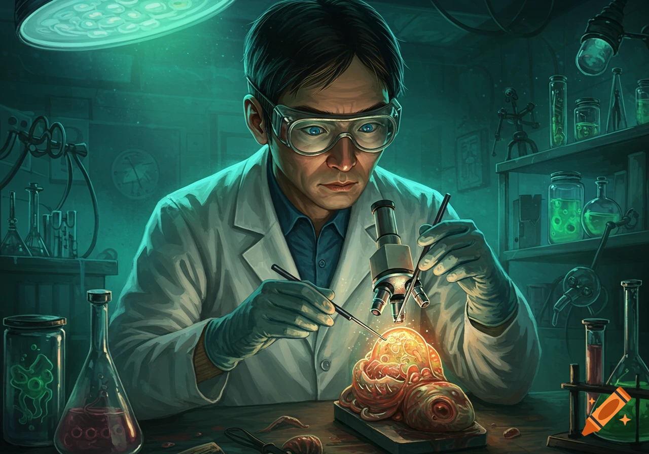 A scientist examines a glowing, grotesque specimen under a microscope in a dimly lit laboratory, digital illustration.