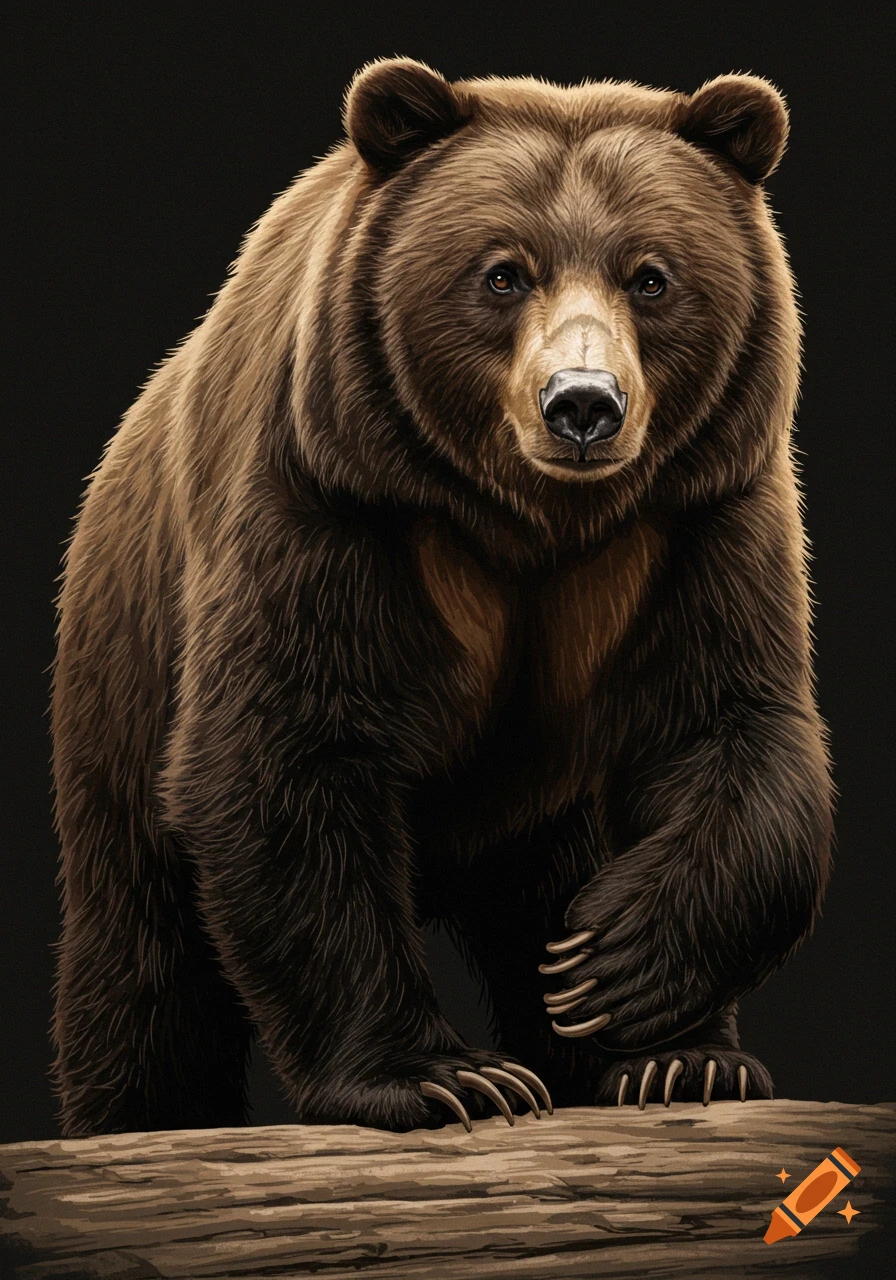 Detailed illustration of a brown bear on a log, facing forward.